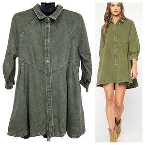 Entro Oversized Denim Babydoll Dress in Olive Green, Size Medium